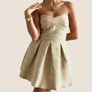 Gracia | Cream Gold Metallic Strapless Structured Elastic Mini Dress | Size L